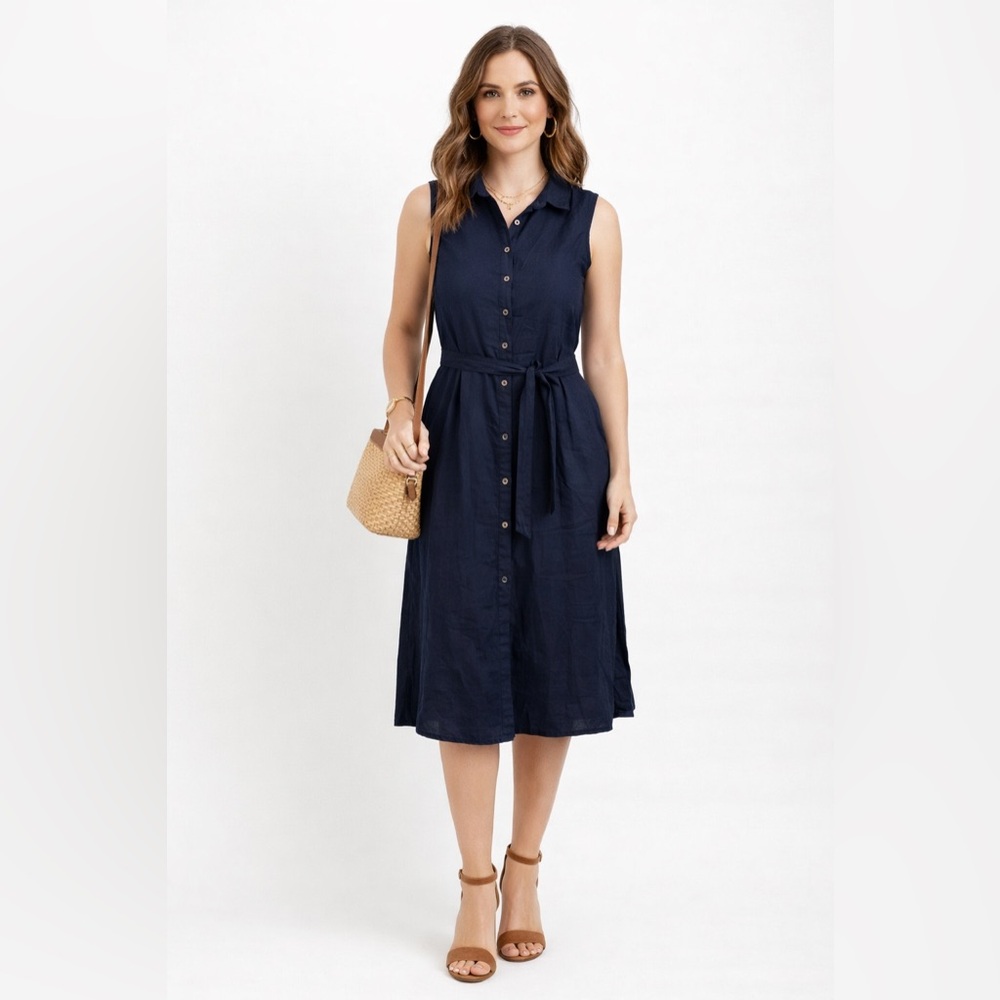 Tommy Bahama Navy Sleeveless Button-Front Midi Shirt Dress
